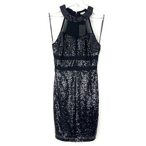 Guess Aliza Sequin Dress Bodycon Halter Mini Style in Jet Black